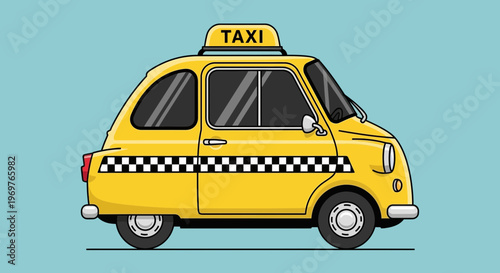 Retro yellow taxi car with checkered stripe and taxi sign on blue background