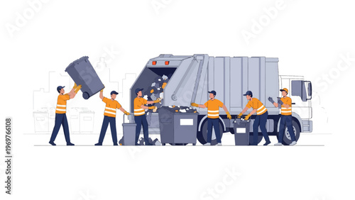 Waste Management Crew at Work: A team of dedicated waste management workers efficiently collects and processes recycling bins, showcasing the important daily tasks.
