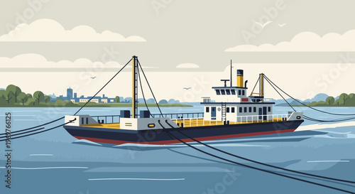 Vintage ferry boat sailing on blue water with city skyline background