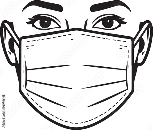 A detailed sketch shows the close-up of a masked face, emphasizing eye expressions and the protective gear. This illustration encapsulates health, safety, and modern social awareness.