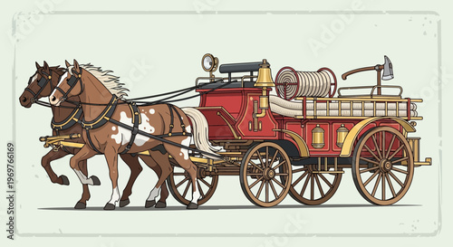 Vintage horse-drawn fire engine with axe and hose, historical firefighting equipment