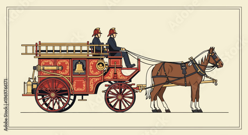 Vintage Horse-Drawn Fire Engine with Firefighters