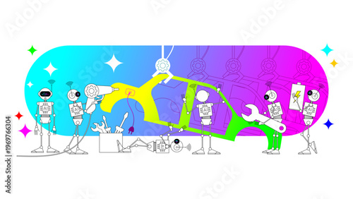 Collaborative AI Robots in Electric Cars Production, Industrial Automation Concept.