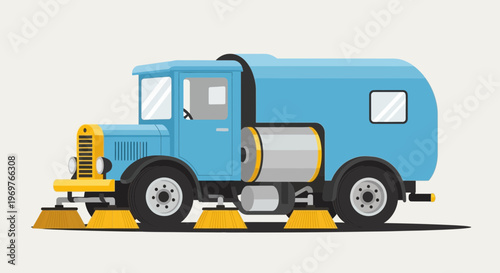 Vintage street sweeper truck with brushes, cartoon style