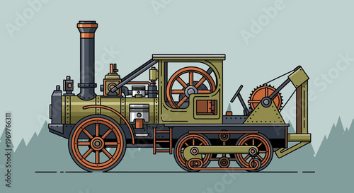 Vintage steam-powered crane locomotive on tracks, historical industrial transport