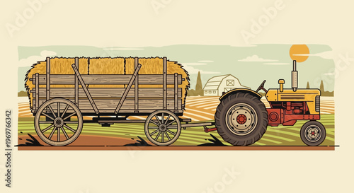 Vintage tractor pulling hay wagon in a field during harvest season