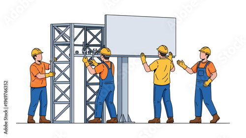 Billboard Construction Team: A group of construction workers diligently assemble a billboard. They work as a cohesive unit. A symbol of industry and advertising. 
