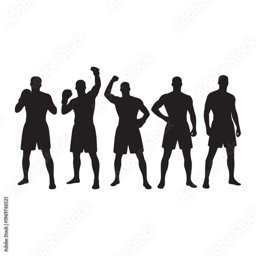 Silhouettes of Professional Boxers and Athletes in Powerful Victory Action Poses.