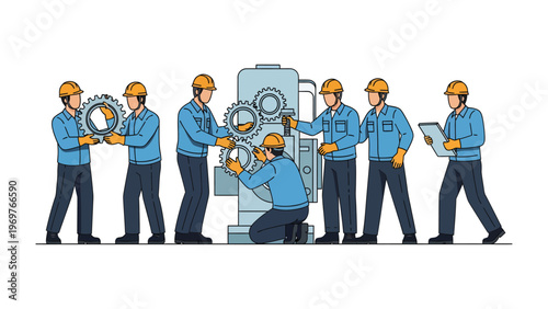 Industrial Assembly: A group of skilled workers collaborate in a precise assembly process, harmoniously integrating machine components with their expertise.