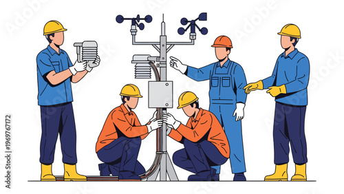 Weather Station Team in Action: A dedicated team of technicians meticulously work on a weather station, their expertise evident in the focused maintenance and repair.
