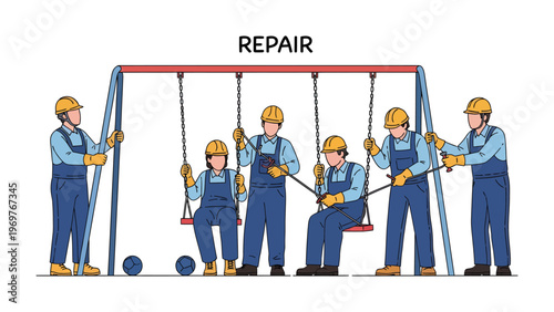 Playground Restoration: A team of diligent workers meticulously repairs and maintains a playground, ensuring a safe and joyful environment for children.