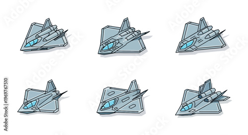 Modern Futuristic Fighter Jet Aircraft Icon Set in Vector Illustration Style Isolated on White Background.