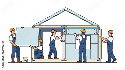 Building Assembly: Construction workers collaborate to assemble a prefabricated structure, demonstrating teamwork and precision in a modern building project.