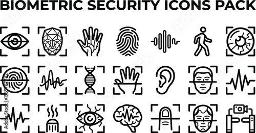 A comprehensive collection of biometric security icons illustrating various identification methods for digital authentication and access control.