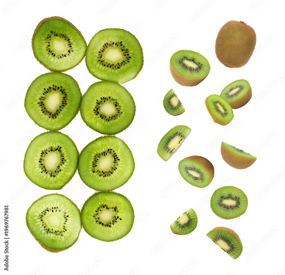 Fototapeta premium Flying fresh green kiwi fruit round slices set isolated on transparent background. Falling juicy cut kiwifruit pieces for food design