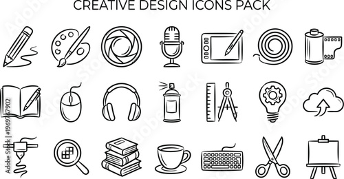 A diverse collection of hand-drawn outline icons representing essential tools, concepts, and elements for creative design.