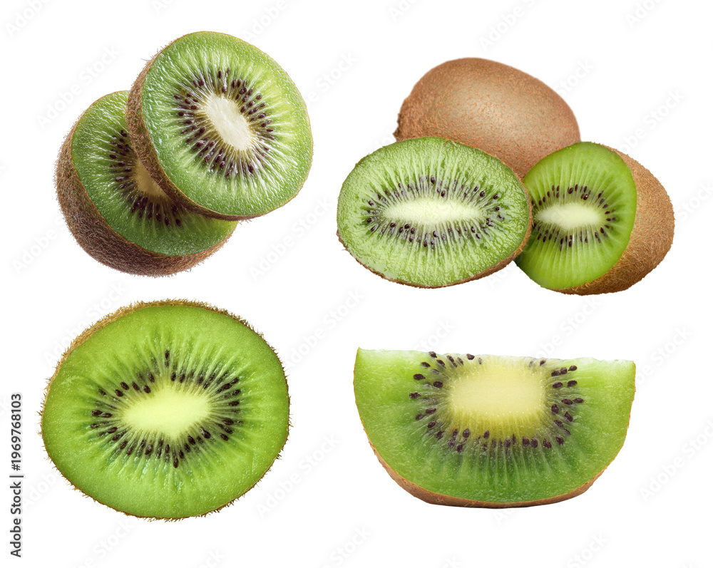 Fototapeta premium Sliced green kiwi fruit collection with quarter wedge and halves isolated on transparent background. Fresh raw organic ingredient