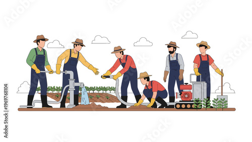 Farmers' Day's labor : A team of diligent farmers diligently tending to their fields. The farmers are a mix of ages and ethnicities. They are working together to ensure a successful harvest.