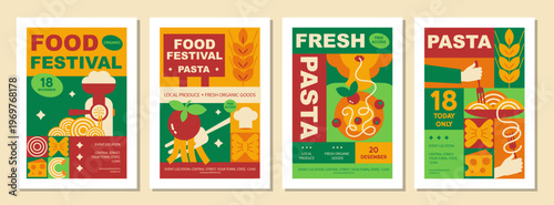 Italian pasta poster Set, and Banners with geometric spaghetti and food symbols