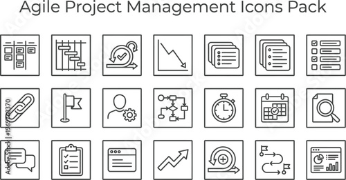 A comprehensive collection of agile project management icons, featuring essential tools and concepts for software development, business strategy, and workflow planning.