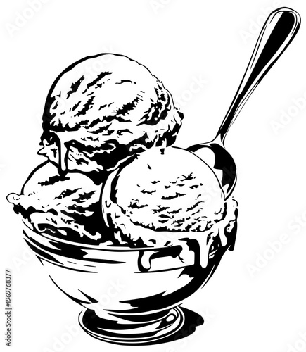 Classic Ice Cream Sundae with Scoops, Spoon, Delicious Dessert Graphic