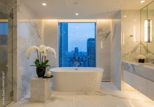 Modern bathroom with large window and urban view