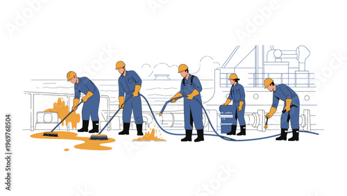 Cleaning the Spilled Substance: A team of skilled technicians meticulously cleans up a hazardous spill, showcasing a commitment to safety and environmental responsibility.