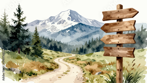 Mountain Path Forest Wooden Signpost Landscape Vector Art
