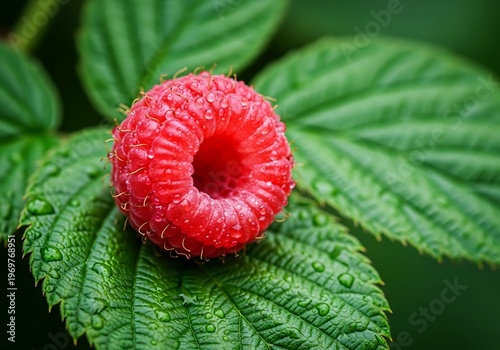 A vibrant pinkish-red flower bud emerging from a lush green leafy background
