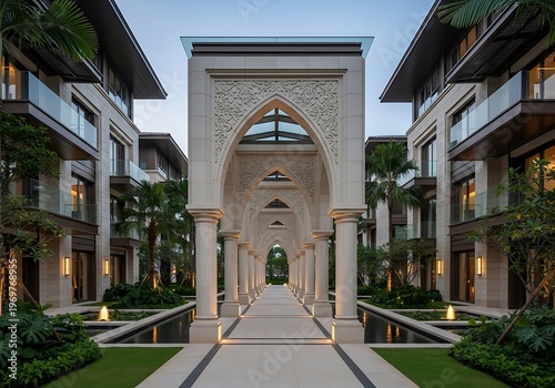 Architectural entrance of a modern urban building with classic design elements