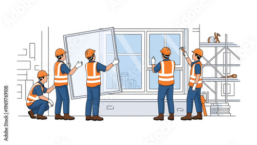 Window Installation: A team of skilled workers, clad in safety vests and helmets, collaborates meticulously to install a window, showcasing precision and teamwork in construction.