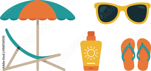 Group of flat design icons depicting beach relaxation items such as a lounge chair, umbrella, sunglasses, sunscreen, and flip-flops, conveying a leisurely seaside experience.