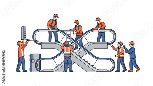 Escalator construction: A group of construction workers, wearing safety gear, collaborates on assembling an intricate escalator.