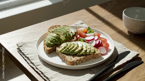 Freshly prepared avocado toast on whole grain bread with sliced tomatoes and radishes arranged on a white plate, set on a wooden table with natural light streaming in