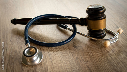 Fotografija Medical stethoscope and a wooden judge gavel resting together on a wooden desk