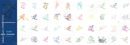 Extreme winter sports icon set, collection of 40 skiing and snowboarding vector elements, colorful line art athletes in motion for mountain resort branding