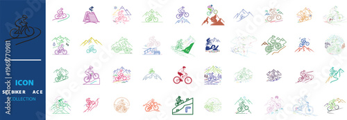 Mountain bike icon collection, 40 colorful cycling vector elements, outdoor mountain biking logos, minimalist cyclist silhouettes for sports branding