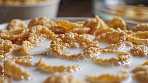 Close-up of golden cornflakes being poured with milk in a white bowl, showcasing the texture and interaction of cereal and liquid in a cozy kitchen setting