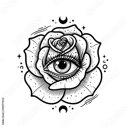 Mystical Rose with All-Seeing Eye and Celestial Symbols