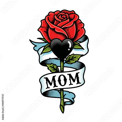 Red rose with 'MOM' banner and black heart tattoo style