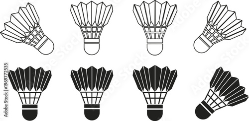 Badminton shuttlecock icons set with feather shuttle and sports equipment symbols isolated on white background for badminton game, training and athletic design concepts