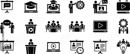 Business training and presentation icons set with meeting, webinar, teamwork, speaker and online learning symbols isolated on white background for corporate education and communication concepts