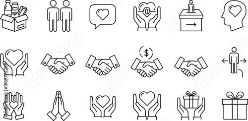 Charity, donation and support icons set with helping hands, heart care, volunteer and partnership symbols isolated on white background for social aid and community concepts