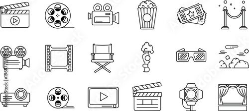 Cinema and movie icons set with film reel, popcorn, projector, ticket and video symbols isolated on white background for entertainment, theater and media concepts