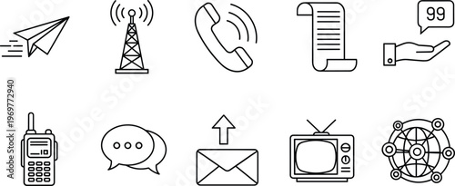 Communication and media icons set with phone, signal tower, message, email and television symbols isolated on white background for broadcasting, networking and digital communication concepts