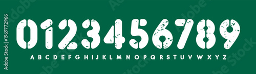 Bold stencil numbers and letters set, worn font alphabet on green background. Grunge urban typography for poster, logo, branding, label, bold block design. Block fonts collection. Vector illustration.