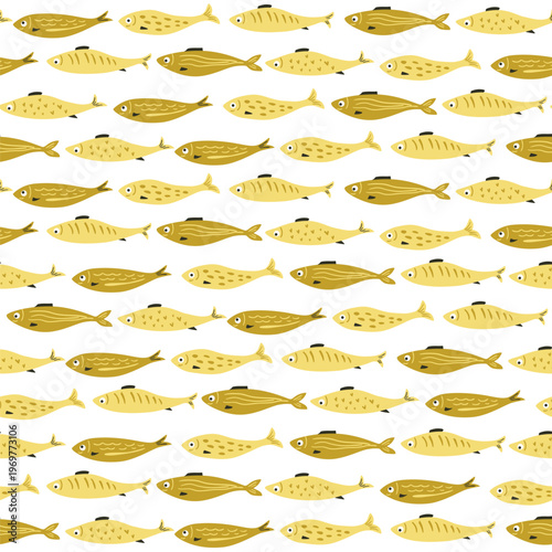 Sardine fish seamless pattern. Hand drawn yellow Mediterranean seafood wallpaper, funny mackerel, anchovy print, repeat background. Vector textile design, wrapping paper, fabric.