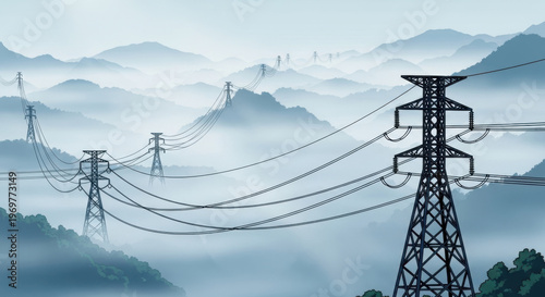 Industrial steel pylons support high voltage power lines carrying electrical current across a blue sky to supply energy through a transmission cable network