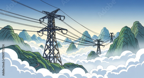 High-voltage steel transmission towers and electrical cables carry power across a blue winter sky and snowy mountain landscape