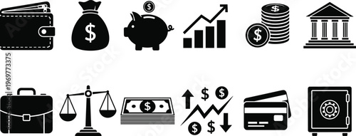 Finance and banking icons set with wallet, piggy bank, cash, credit card and investment symbols isolated on white background for financial business concepts
